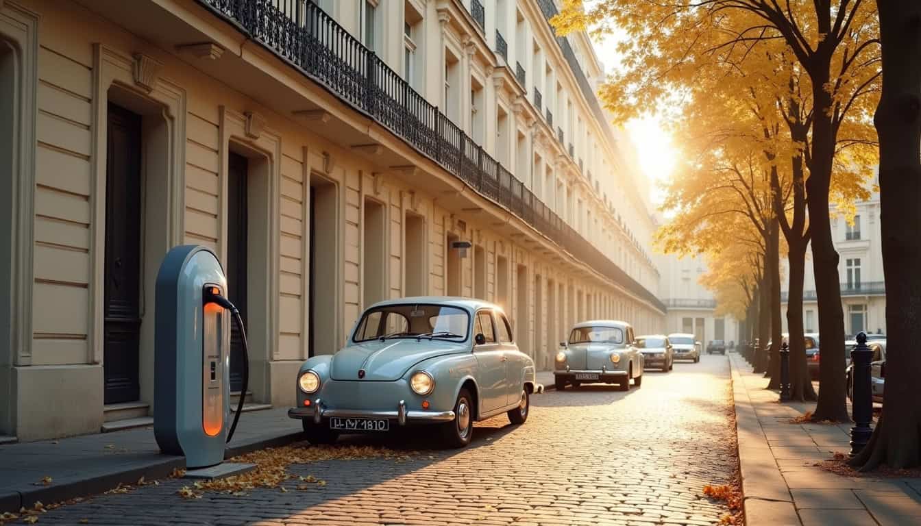 Borne de recharge électrique installée le long d'une rue typique de Saint-Germain-des-Prés, entre deux voitures anciennes
