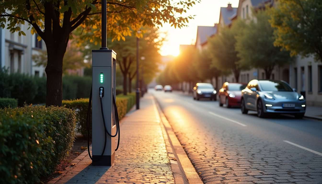 Borne de recharge électrique installée rue à Vitry-en-Artois, dans un quartier résidentiel