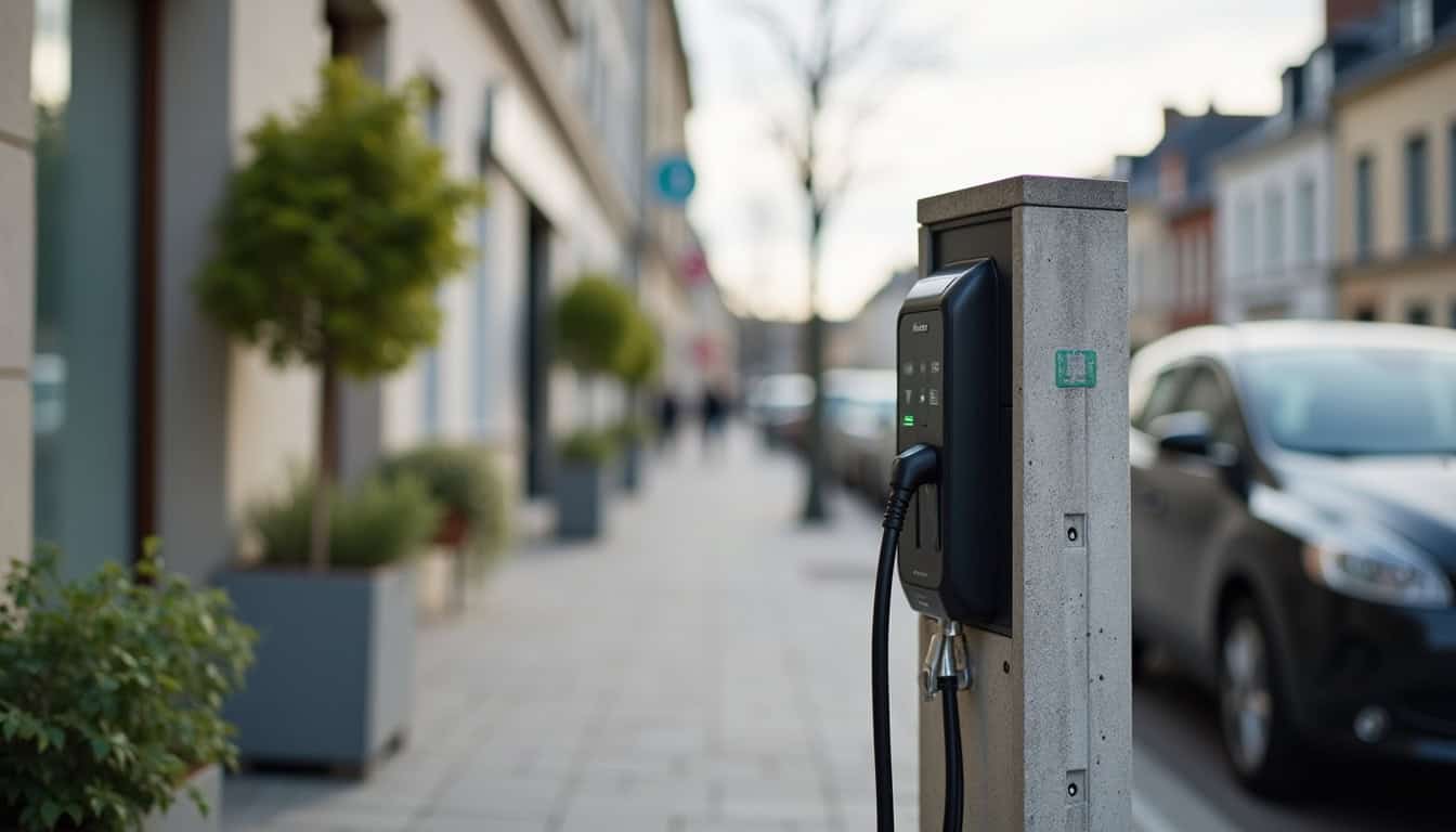 Borne de recharge électrique installée rue de Gestel à Quéven, en milieu urbain