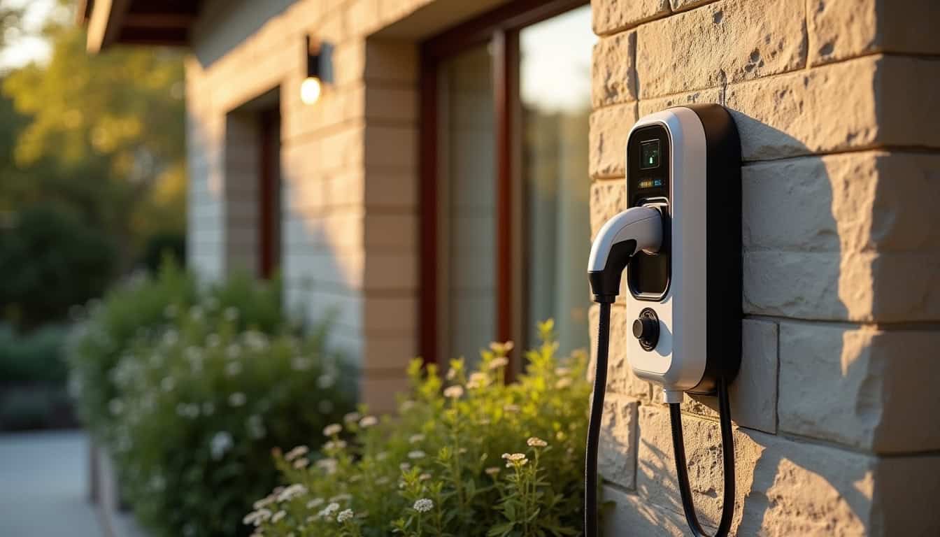 Borne de recharge électrique installée sur la façade d'une maison à Baulon
