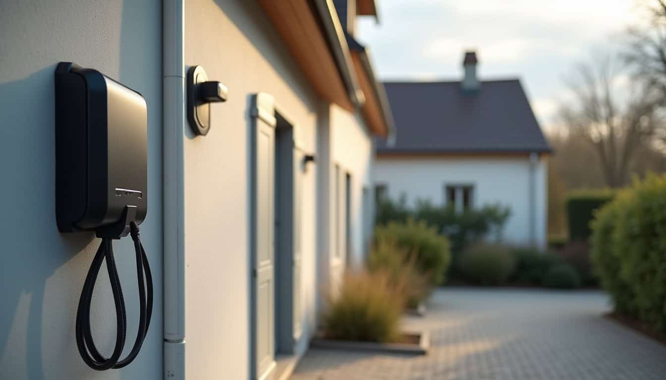 Borne de recharge électrique installée sur la façade d'une maison à Illies