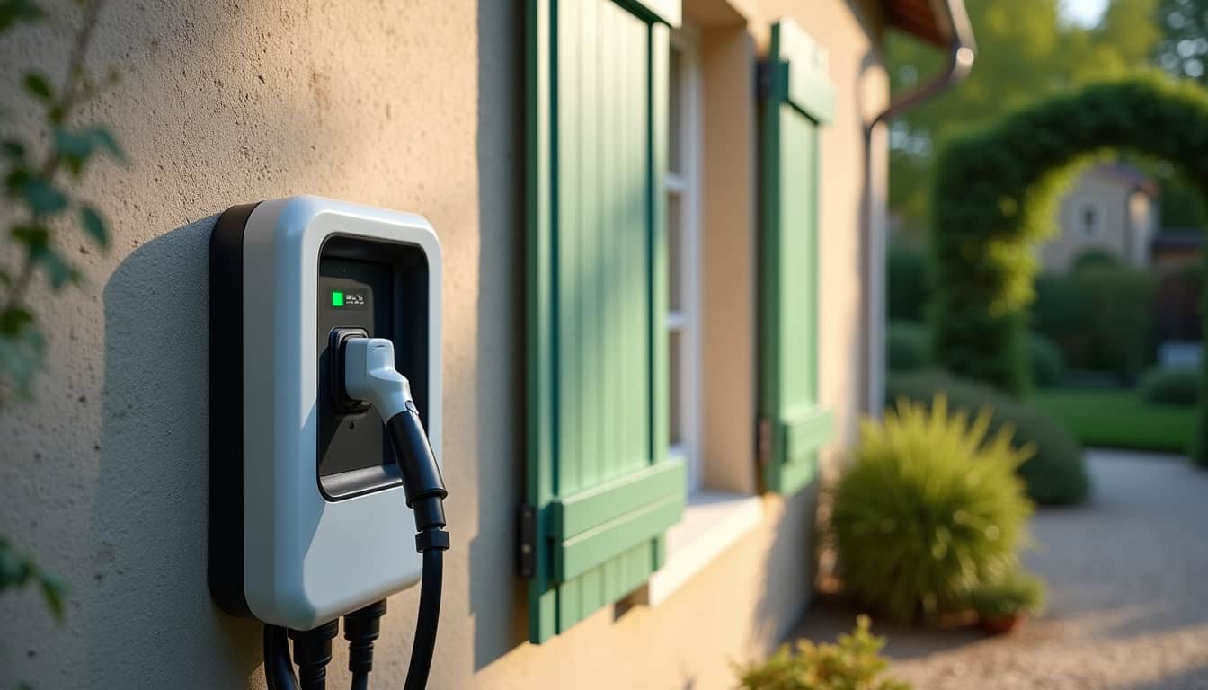 Borne de recharge électrique installée sur la façade d'une maison à Saint-Maurice-de-Gourdans