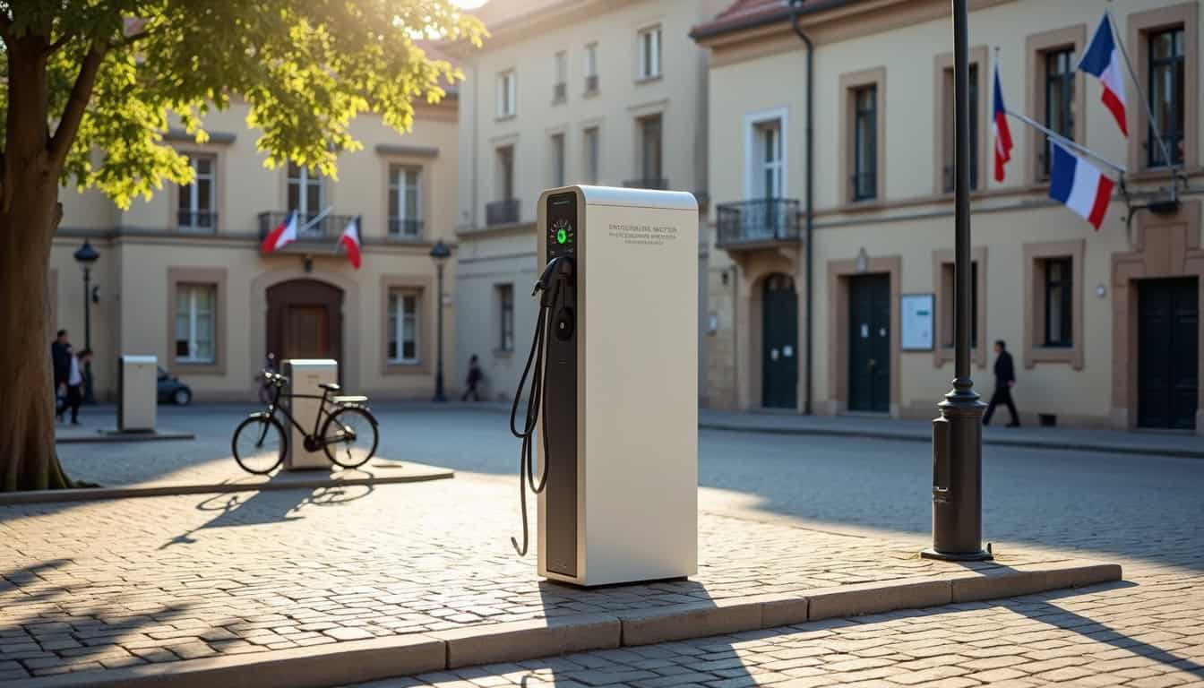 Borne de recharge électrique installée sur la place de la mairie à Vernantes