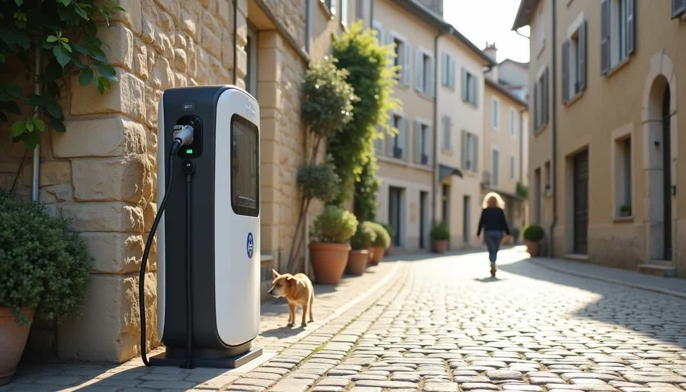 Borne de recharge électrique installée sur la Place de l’Abbé Saint-Pierre à Saint-Pierre-Église