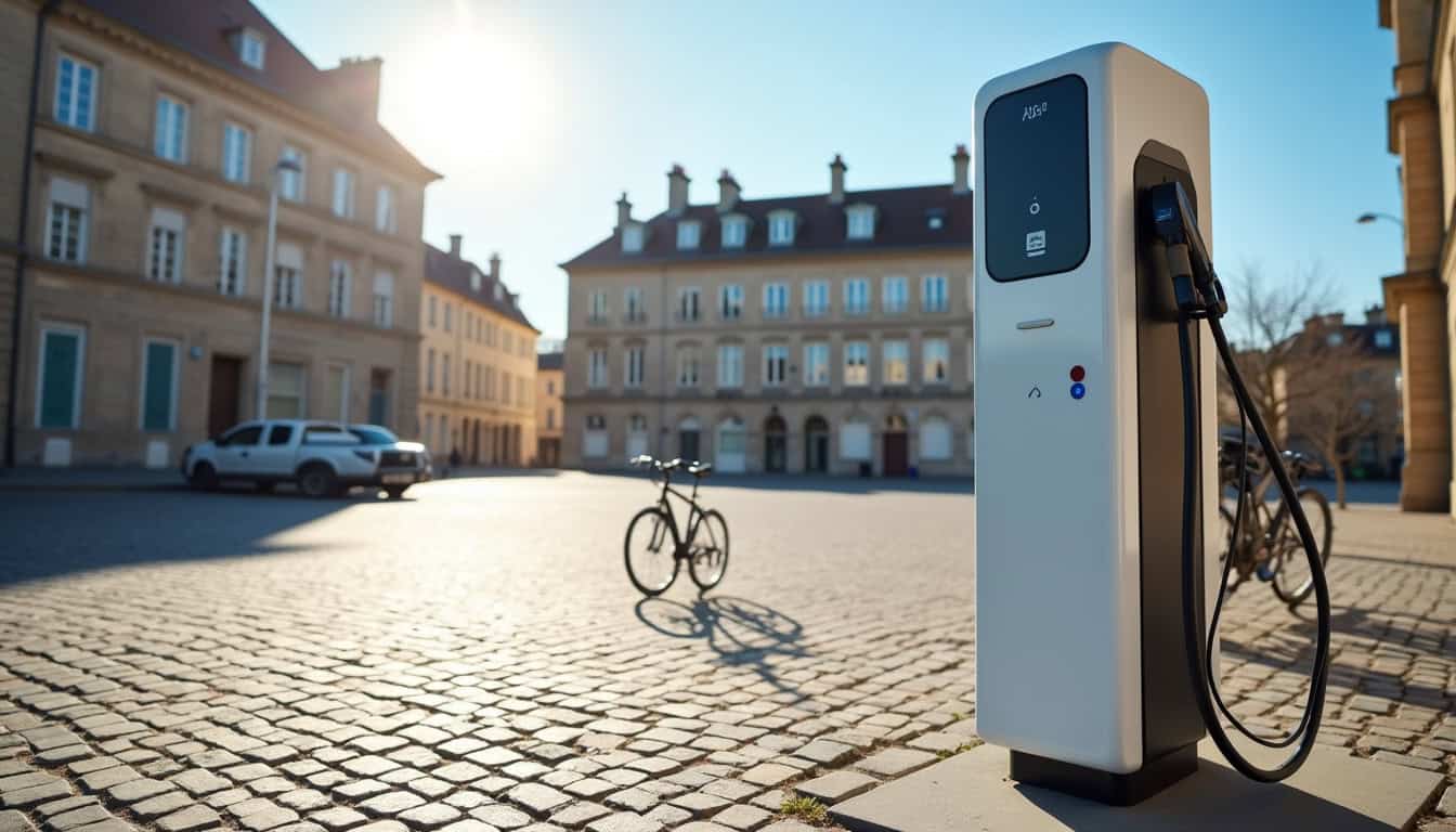 Borne de recharge électrique installée sur la Place du Mail à Mirebeau