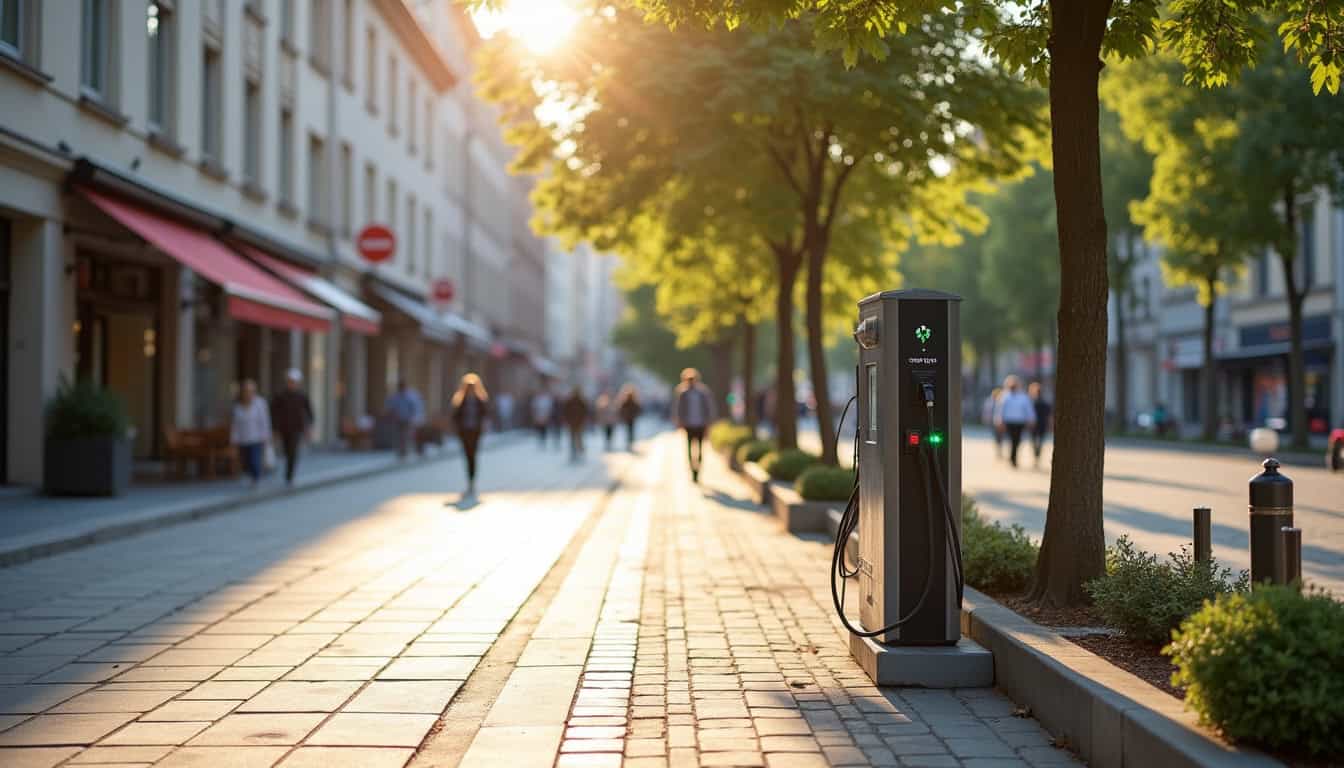 Borne de recharge électrique installée sur la Place Paul Noulens à Mirande, entourée de commerces et d'espaces piétons