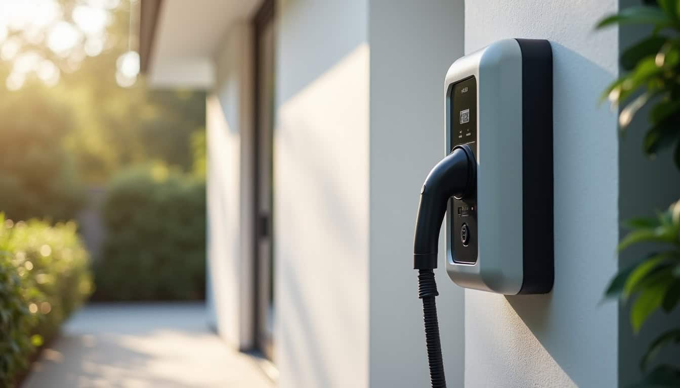 Borne de recharge électrique installée sur le mur extérieur d