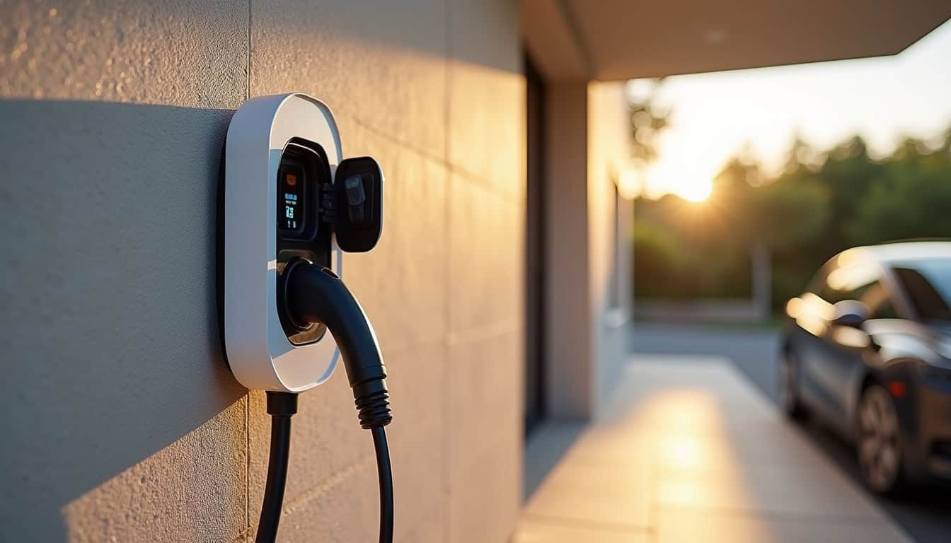 Borne de recharge électrique installée sur le mur extérieur d'une maison à Le Thor