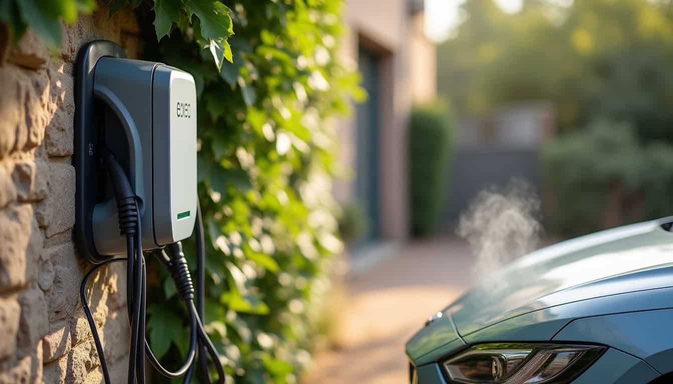 Borne de recharge électrique installée sur le mur extérieur d'une maison à Milly-la-Forêt