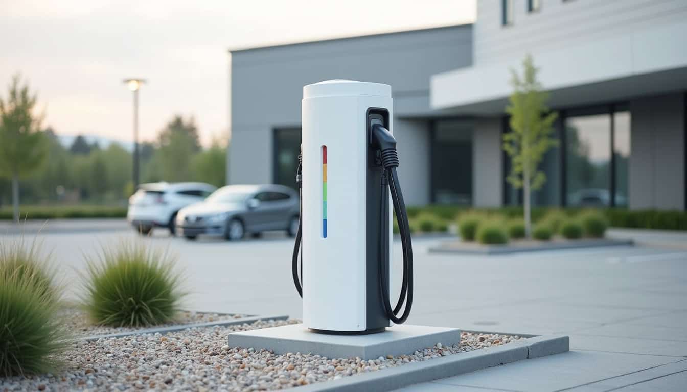 Borne de recharge électrique installée sur le parking d
