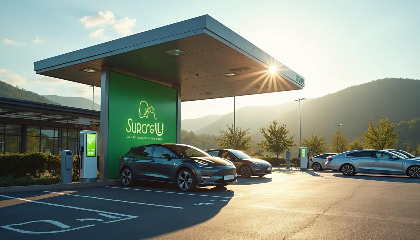 Borne de recharge électrique installée sur le parking du Super U à Gourdan-Polignan