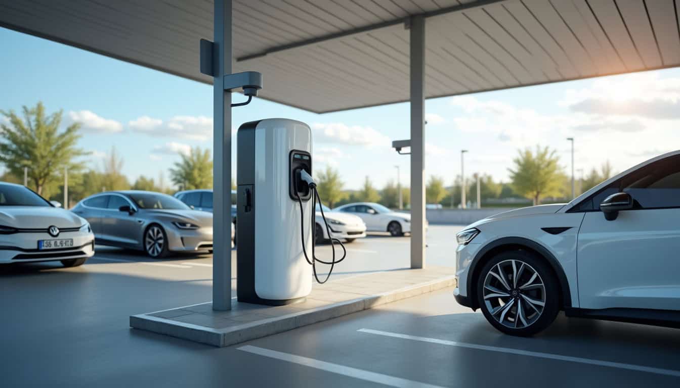 Borne de recharge électrique installée sur le parking d'un supermarché à Menneval