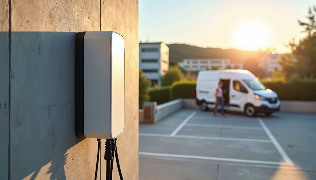 Borne de recharge électrique installée sur le parking d'une entreprise à Aigues-Vives