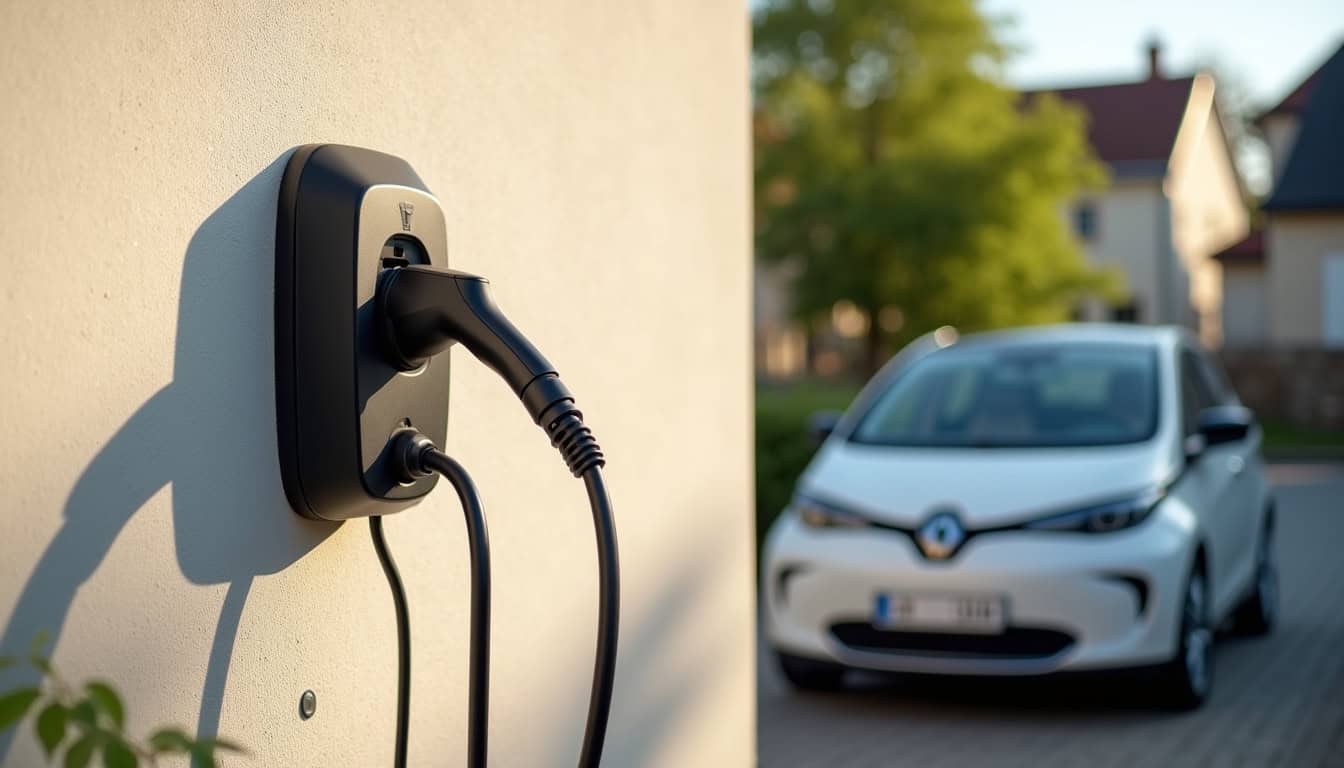 Borne de recharge électrique installée sur un mur extérieur à Cormontreuil, vue de jour avec un véhicule électrique branché