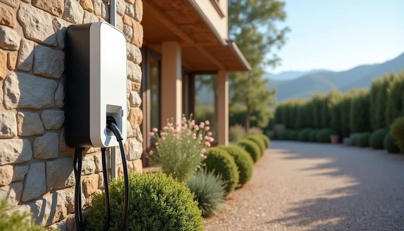 Borne de recharge électrique installée sur un mur extérieur à Meyrié, dans un environnement résidentiel