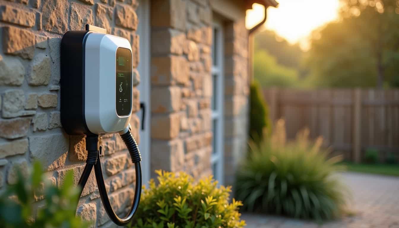Borne de recharge électrique installée sur un mur extérieur à Thiberville