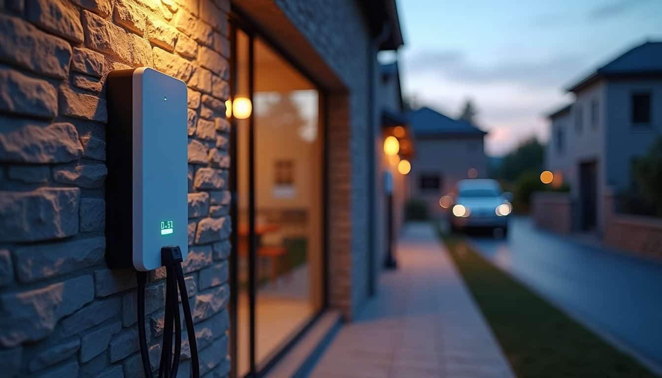 Borne de recharge électrique installée sur un mur extérieur à Vertaizon, en soirée