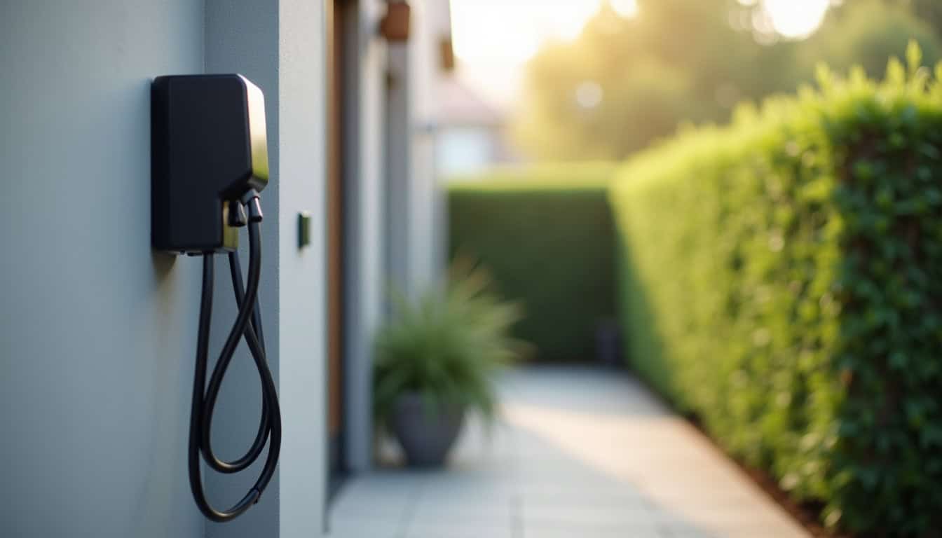Borne de recharge électrique installée sur un mur extérieur d