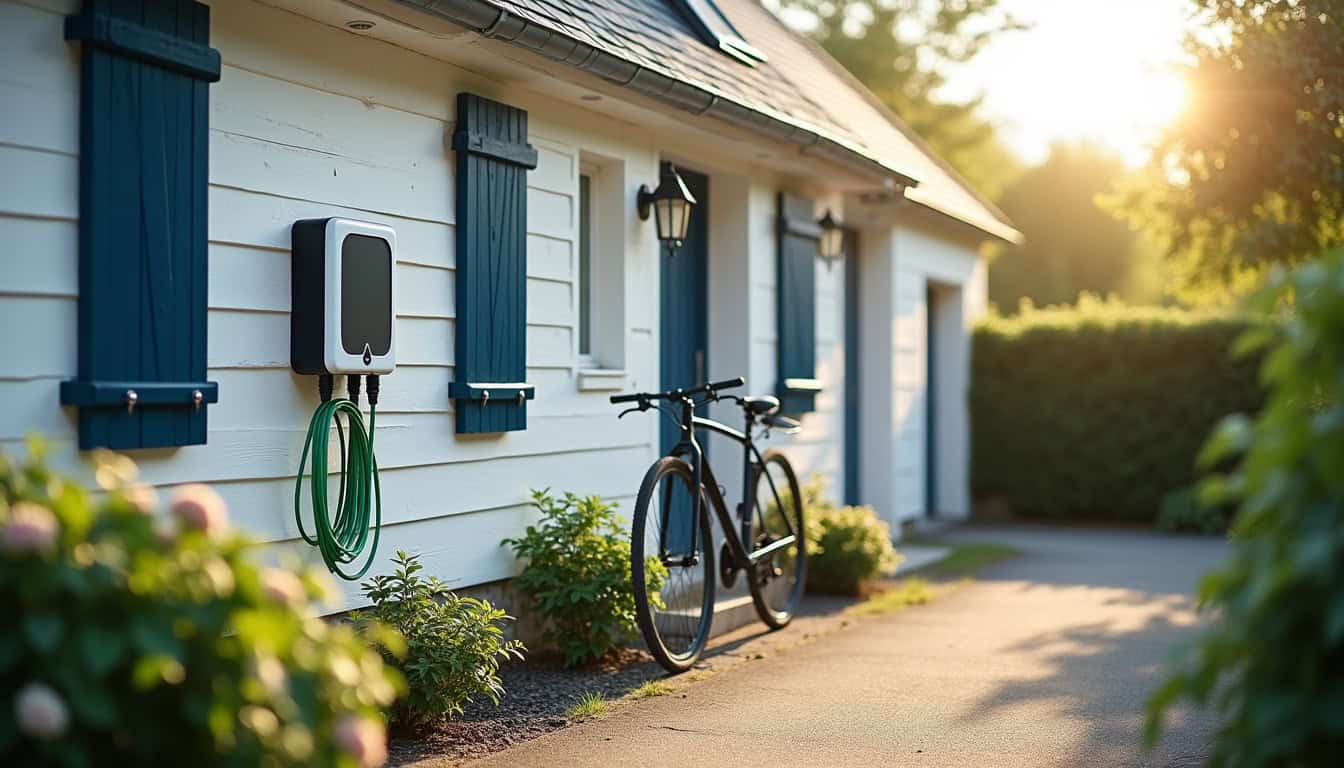 Borne de recharge électrique installée sur un mur extérieur de maison à Trans-sur-Erdre