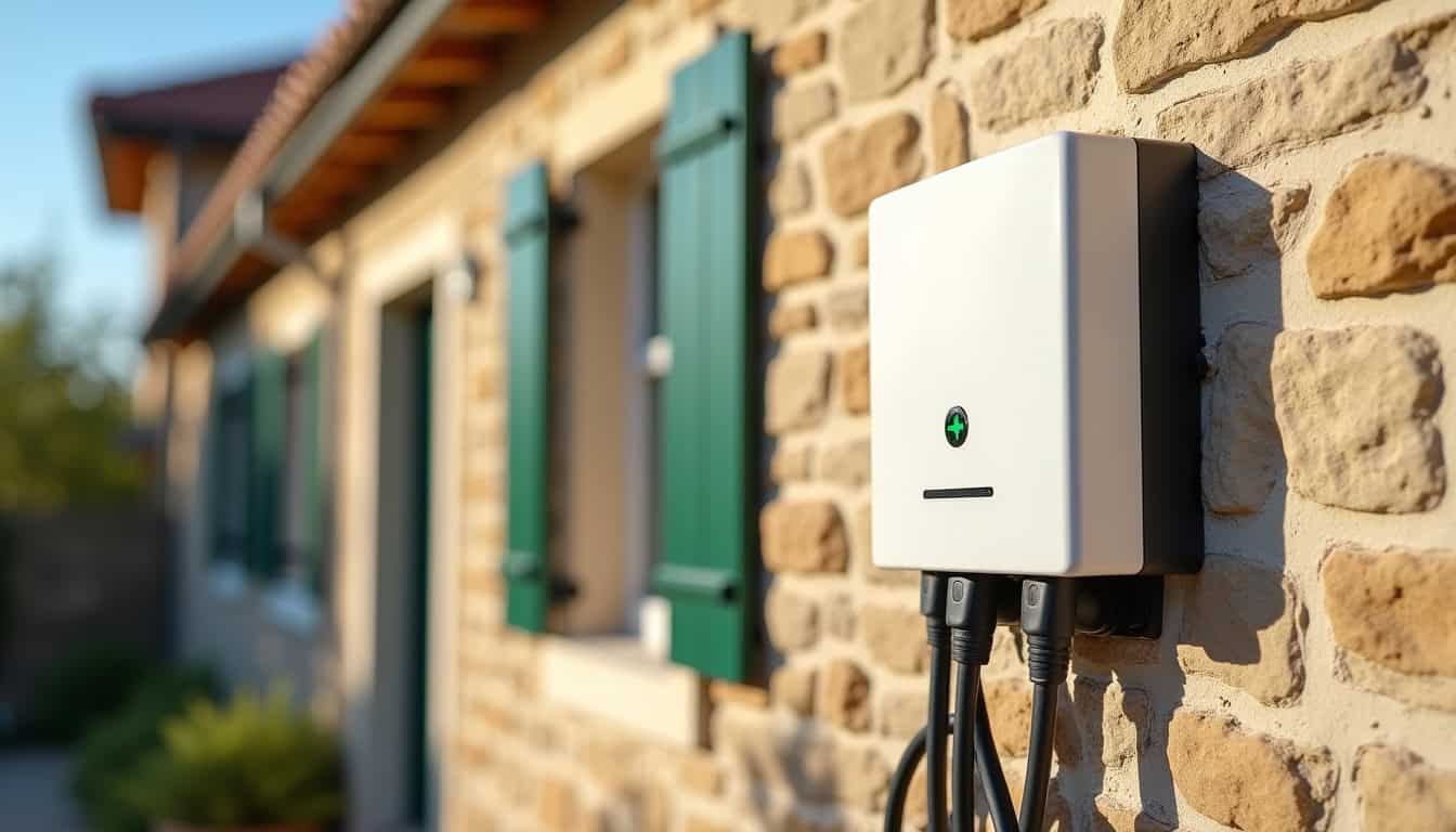 Borne de recharge électrique installée sur un mur extérieur d'une maison à Grignols