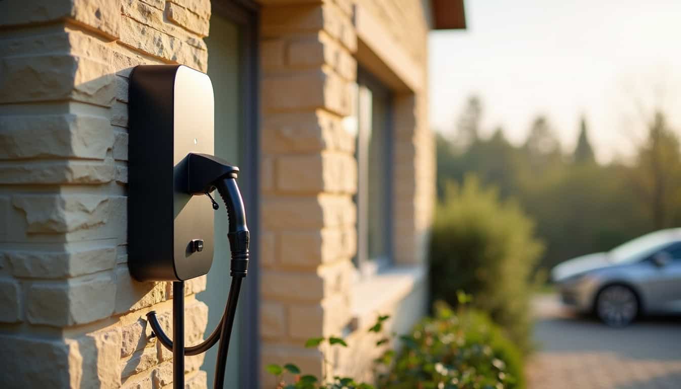 Borne de recharge électrique installée sur un mur extérieur d'une maison à Ruffiac