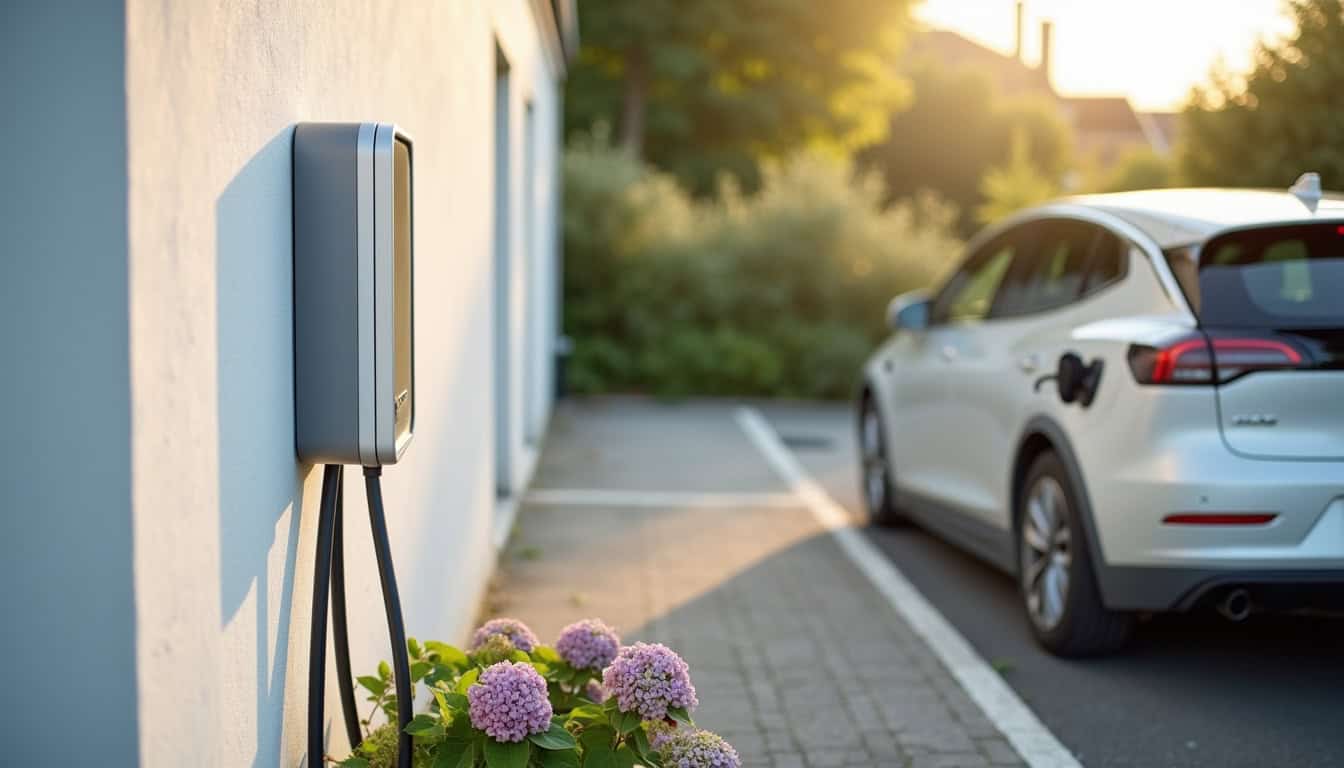 Borne de recharge électrique installée sur un mur extérieur près d'une place de stationnement à Étrechet