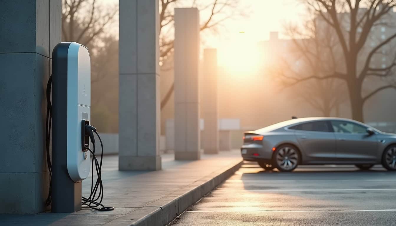 Borne de recharge électrique installée sur un parking extérieur en milieu urbain