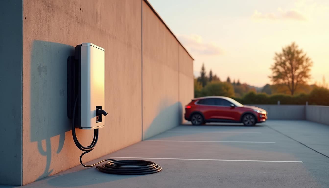 Borne de recharge électrique installée sur un parking privé à Cellieu, en fin de journée