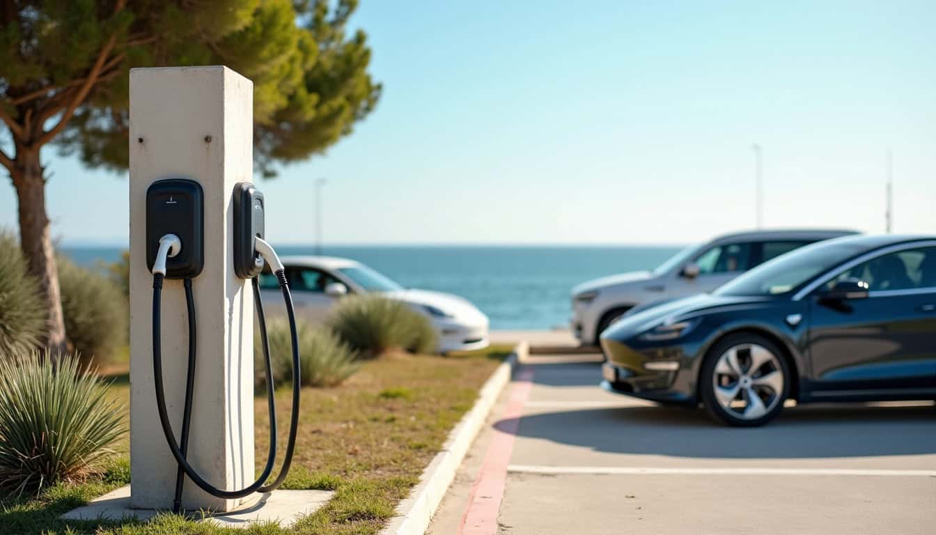 Borne de recharge électrique installée sur un parking public à La Londe-les-Maures