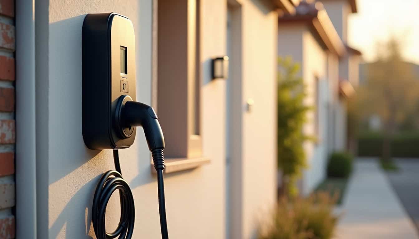 Borne de recharge électrique installée sur une façade de maison à Annay
