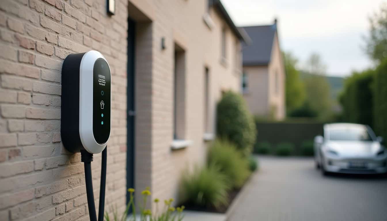 Borne de recharge électrique murale installée à l'extérieur d'une maison à Saint-Germain-sur-Morin