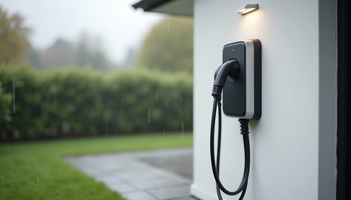 Borne de recharge électrique murale installée à l'extérieur d'une maison, protégée par un boîtier étanche