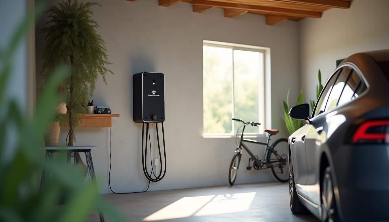 Borne de recharge électrique murale installée dans un garage à Candillargues