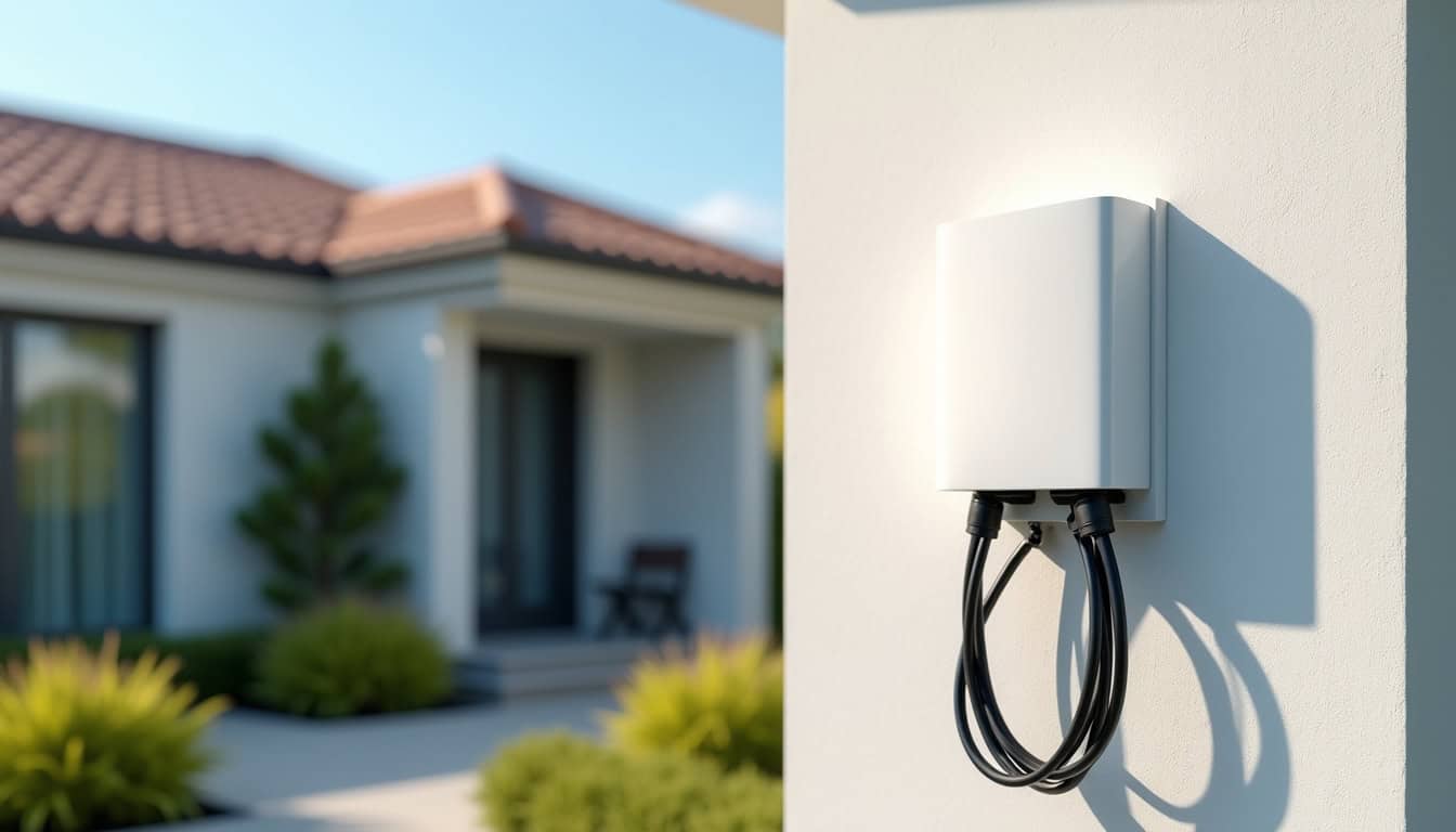 Borne de recharge électrique murale installée en plein jour à l'extérieur d'une maison