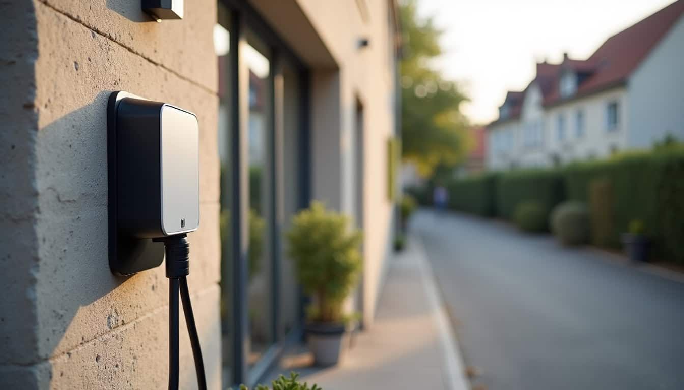 Borne de recharge électrique murale installée sur un mur extérieur à Pouilly-lès-Feurs