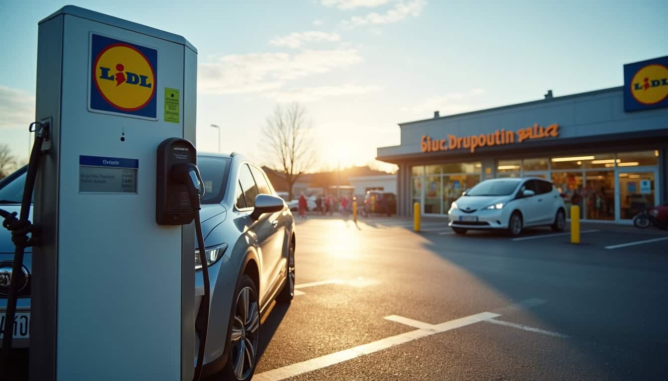 Borne de recharge électrique publique devant un supermarché Lidl à Crozon, avec un véhicule en cours de recharge