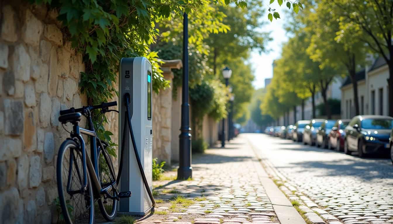Borne de recharge électrique publique installée dans une rue de Port-Saint-Père, vue de jour
