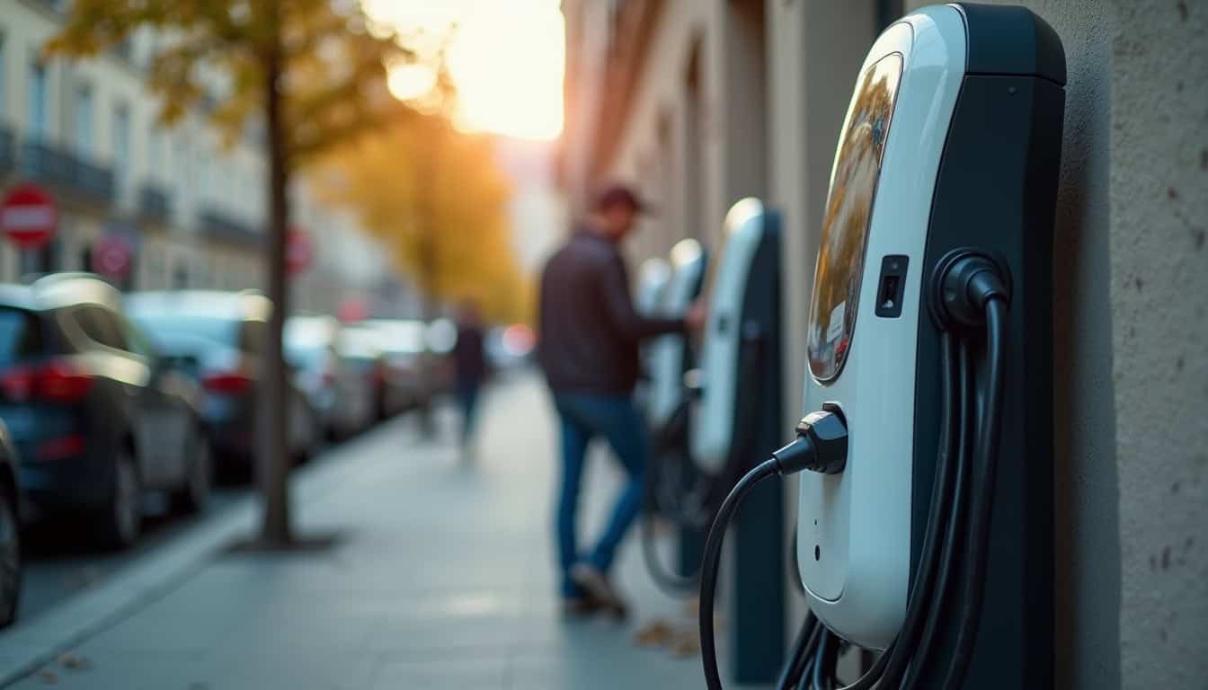 Borne de recharge électrique publique installée en extérieur sur une rue de Damgan