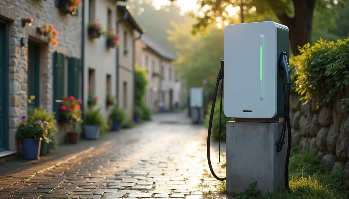 Borne de recharge électrique publique installée rue de la mairie à Tréglamus
