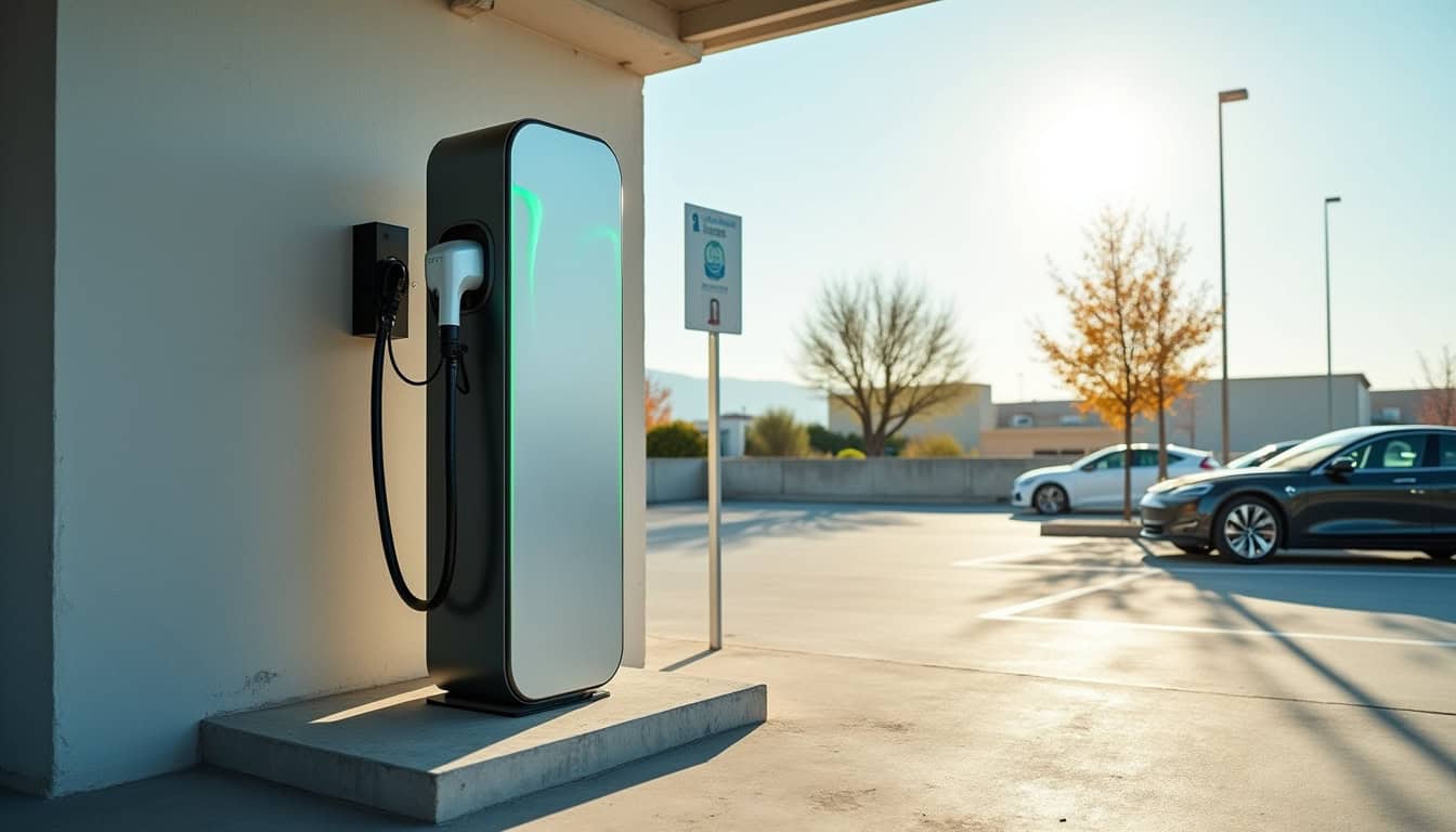 Borne de recharge électrique publique installée sur un parking de Rodez