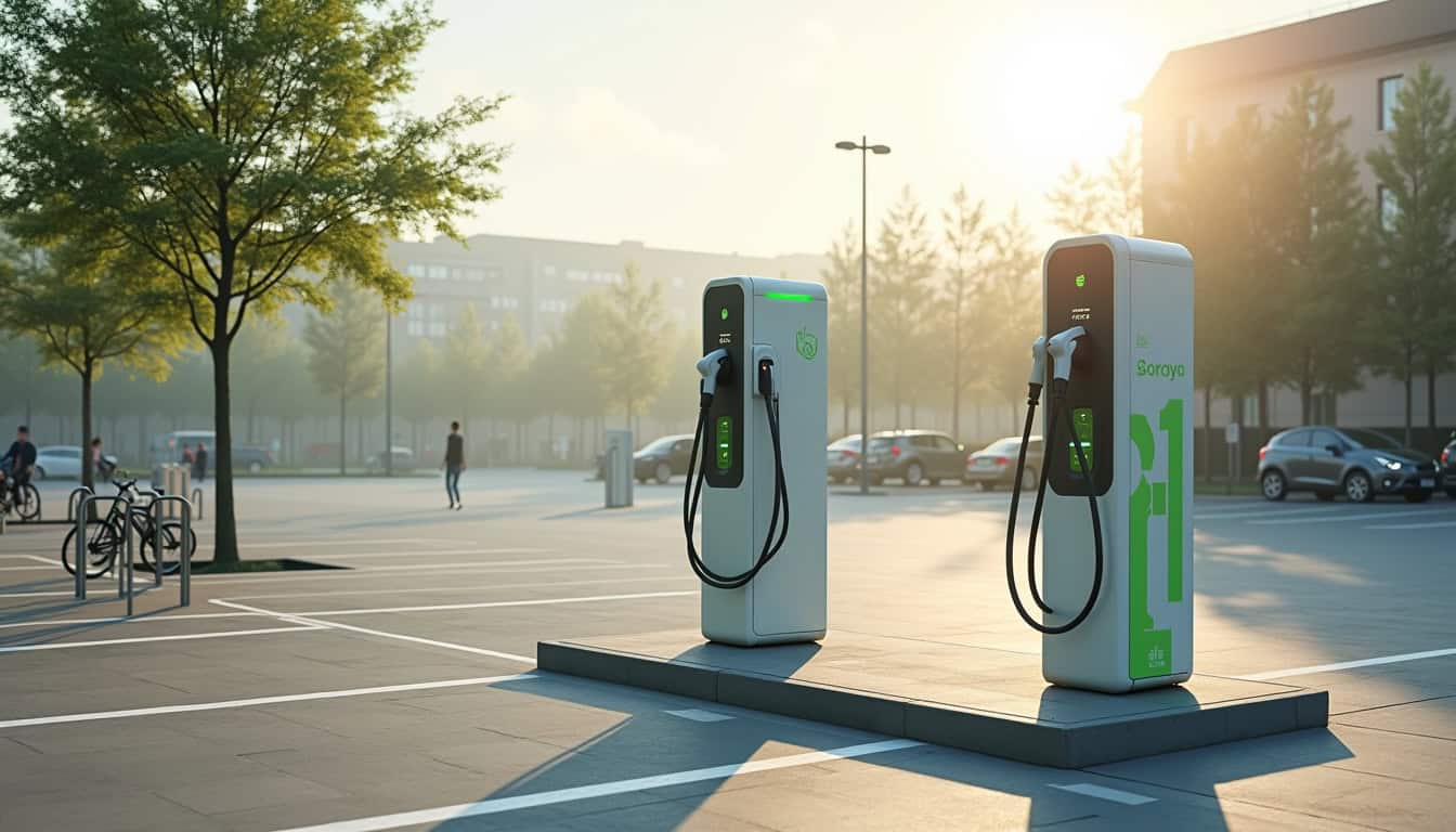 Borne de recharge électrique publique située à Châteaudun, installée sur un parking urbain