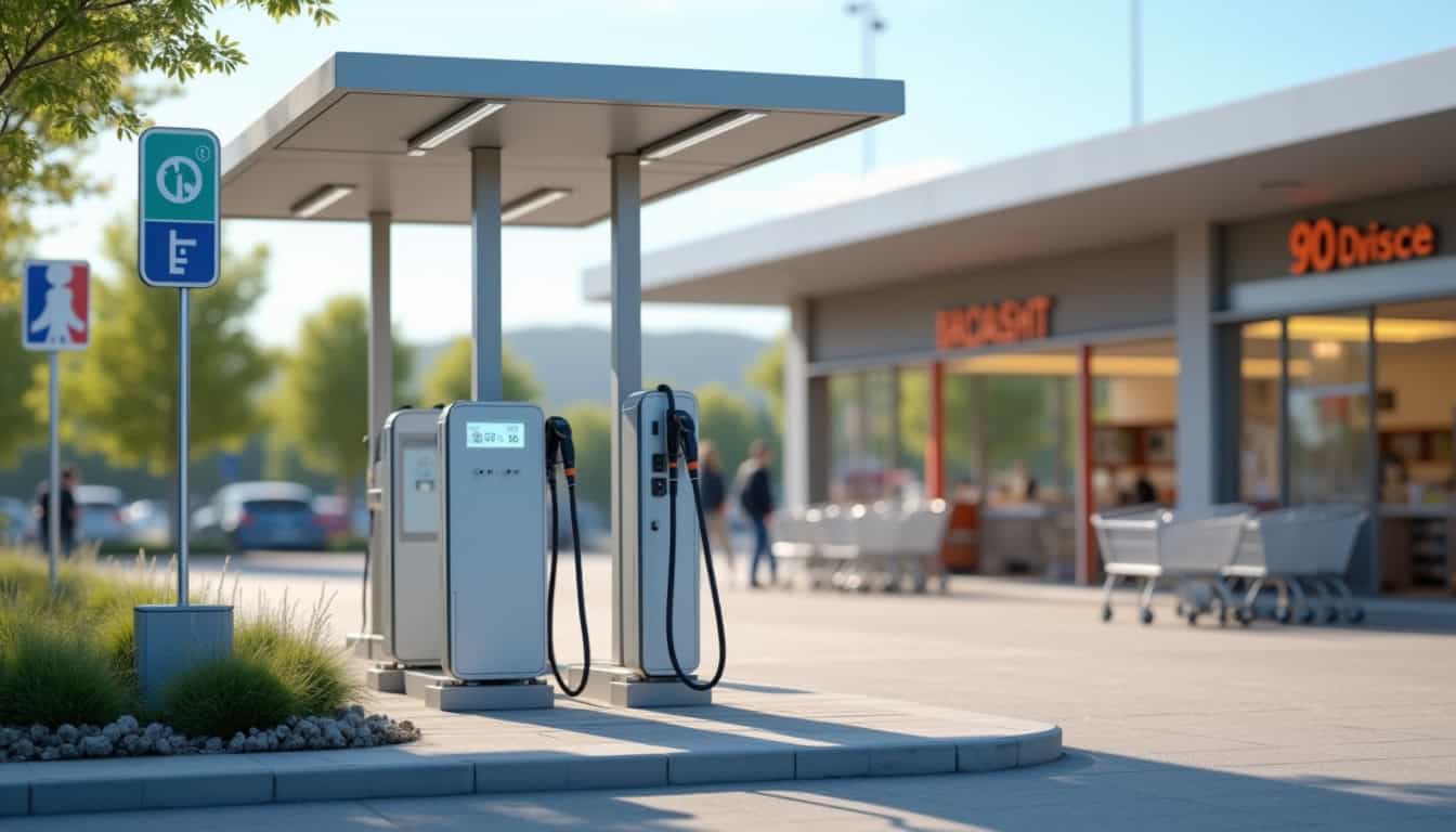 Borne de recharge électrique publique située à Pouzauges près d'un supermarché