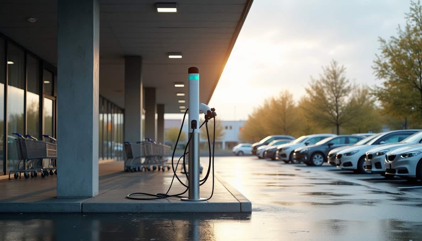 Borne de recharge électrique publique située dans un parking de Vivonne, près d'un supermarché