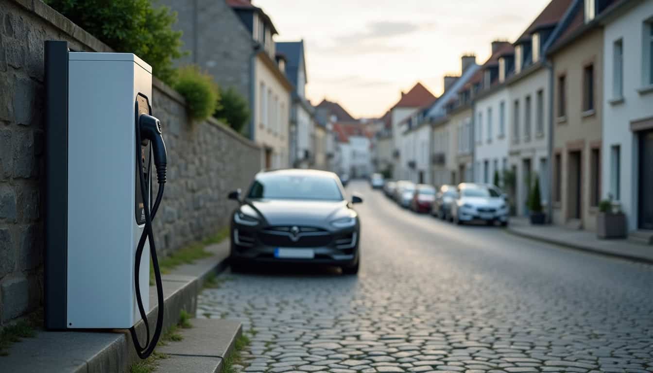 Borne de recharge électrique publique située dans une rue de Petit-Caux, entourée de véhicules stationnés