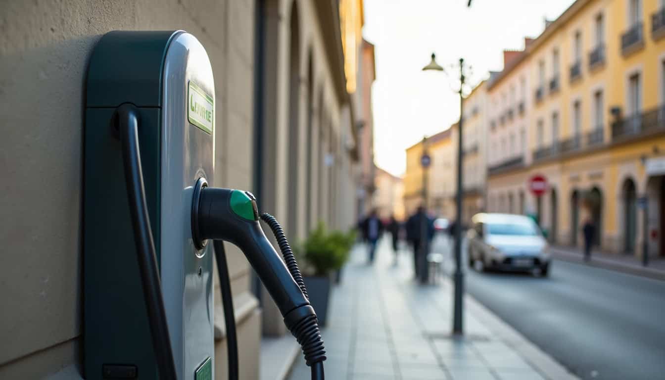 Borne de recharge électrique publique située place de l’Église à Mortcerf, en milieu urbain
