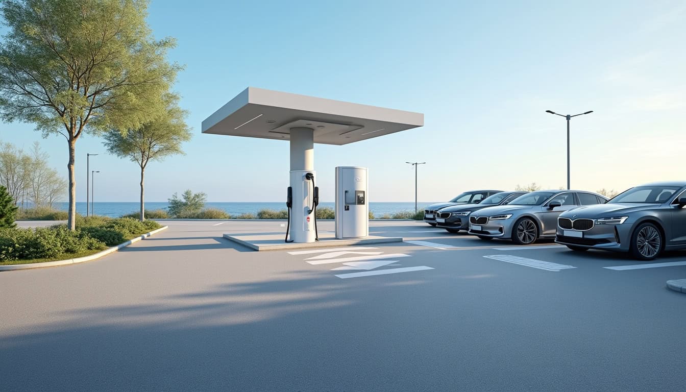 Borne de recharge électrique publique située près d'un parking à Binic-Étables-sur-Mer
