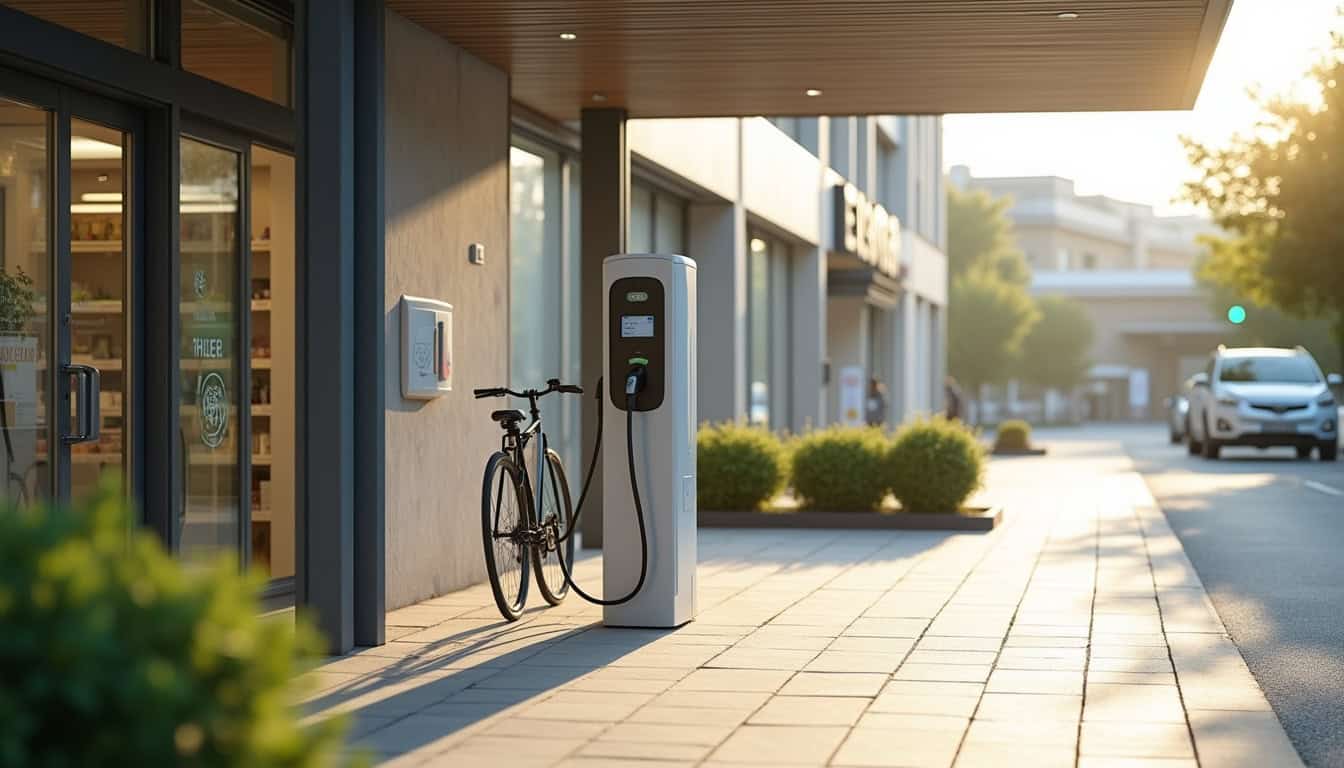 Borne de recharge électrique publique située près d'un supermarché à Lys-Haut-Layon