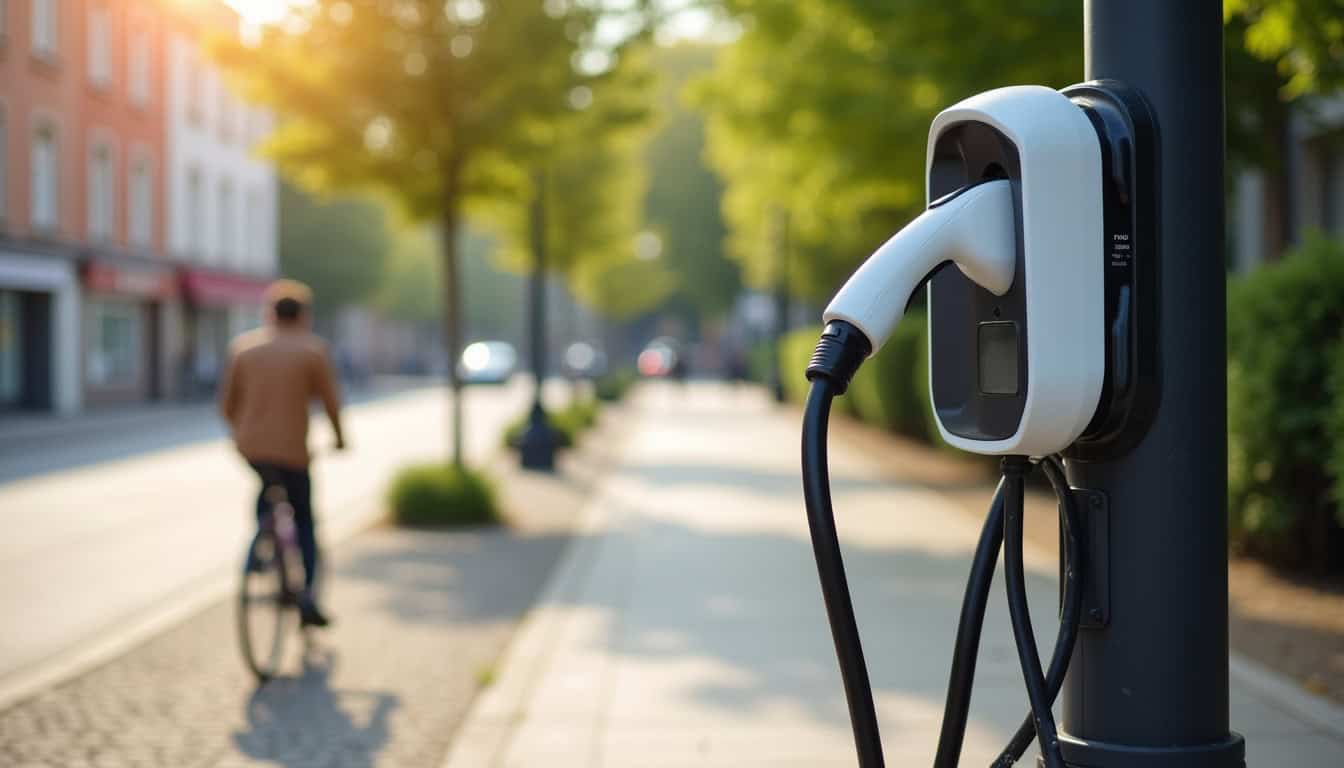 Borne de recharge électrique publique située près d'une rue à Longjumeau