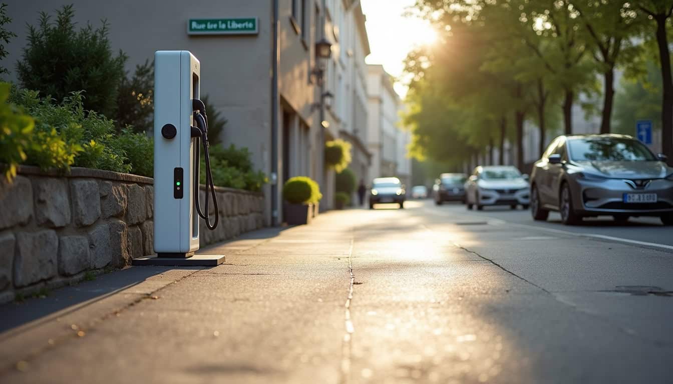 Borne de recharge électrique publique située rue de la Liberté à Valdallière