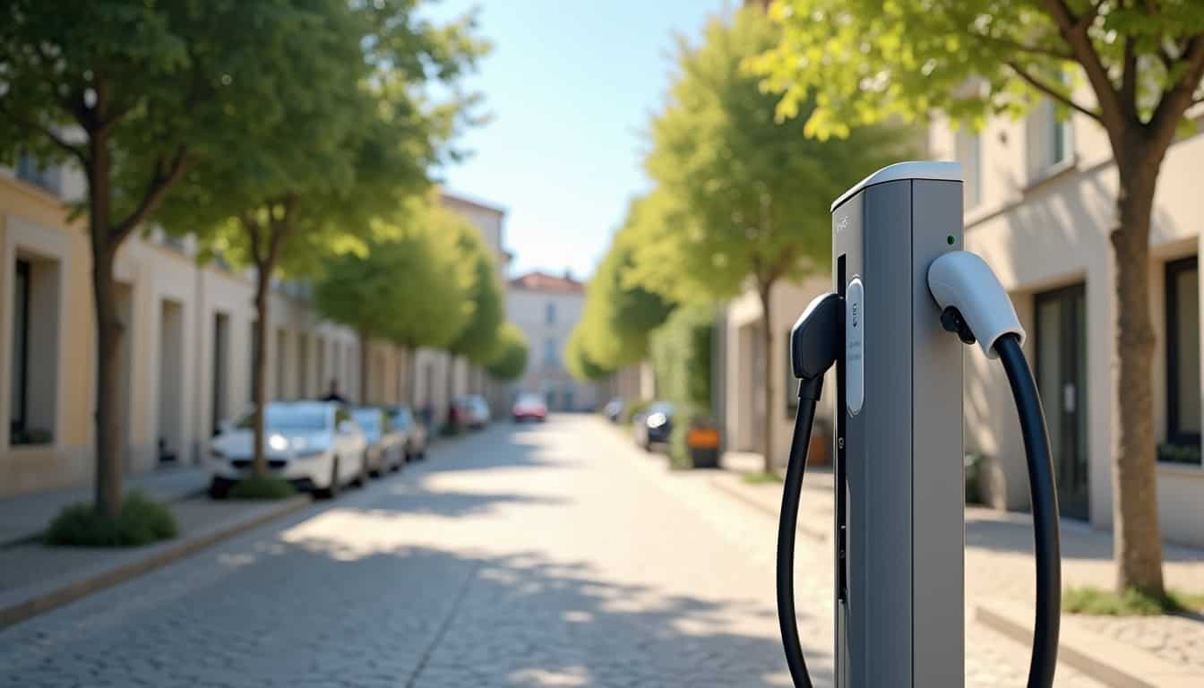 Borne de recharge électrique publique située sur la Grande Rue à Saint-Pierre-du-Vauvray, type 2, puissance 22 kW